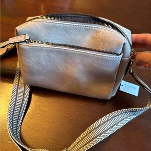 Chic Gray Crossbody Bag with Patterned Strap